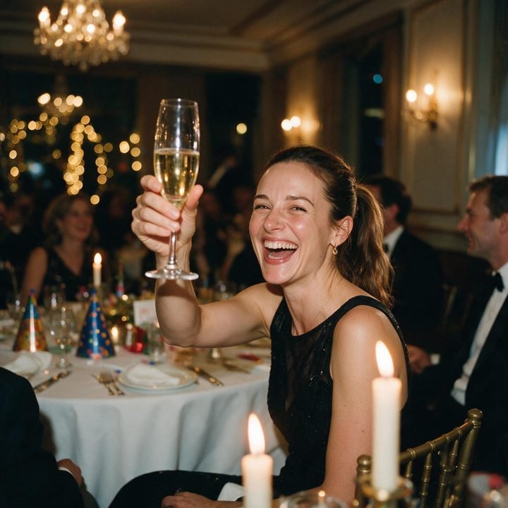 Sarah laughing and raising a champagne toast